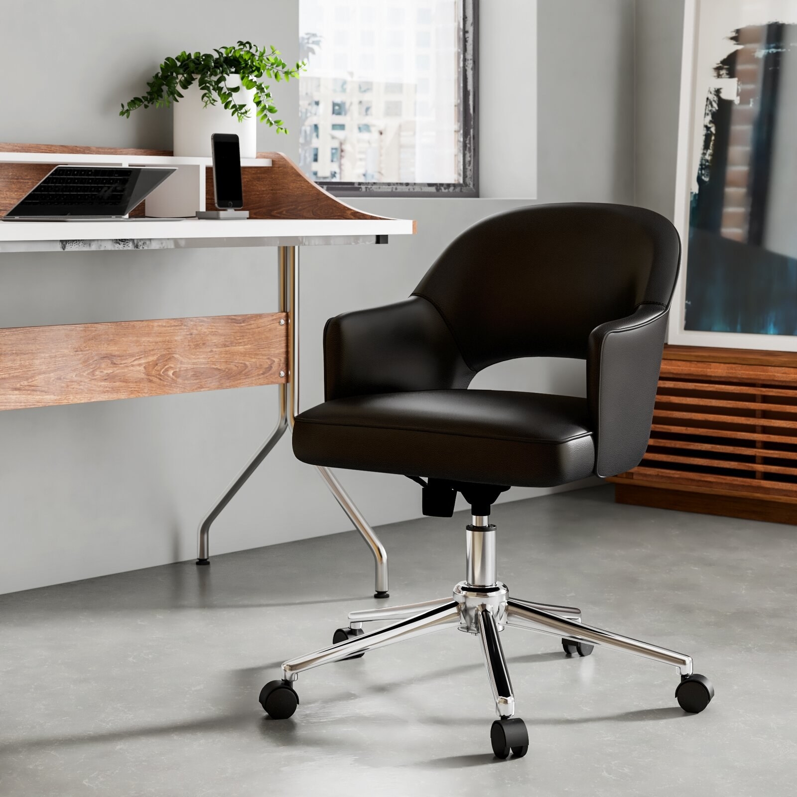 black leather office chair with wheels