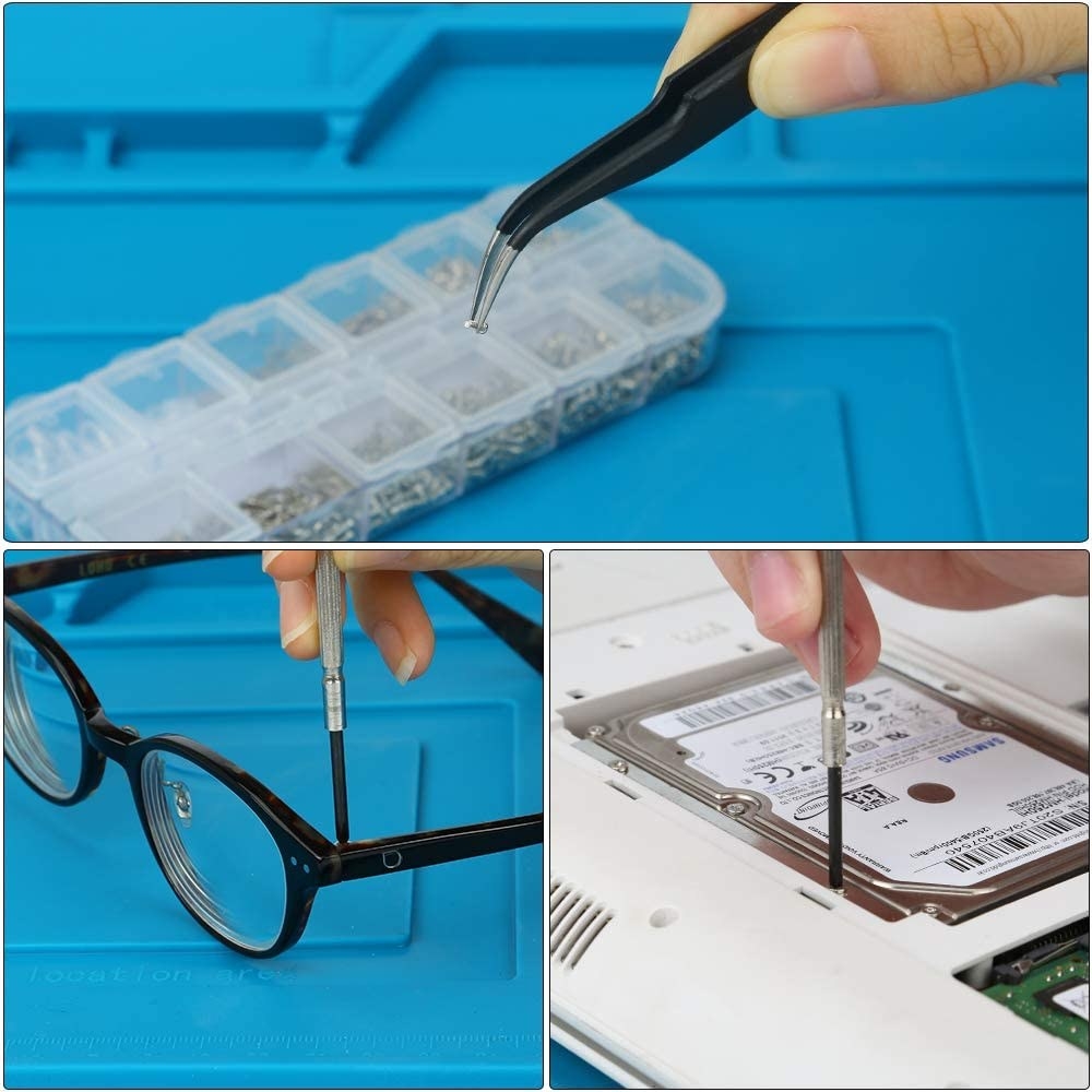 tweezers pulling the tiny screw out and the screwdriver on a pair of glasses and a circuit board