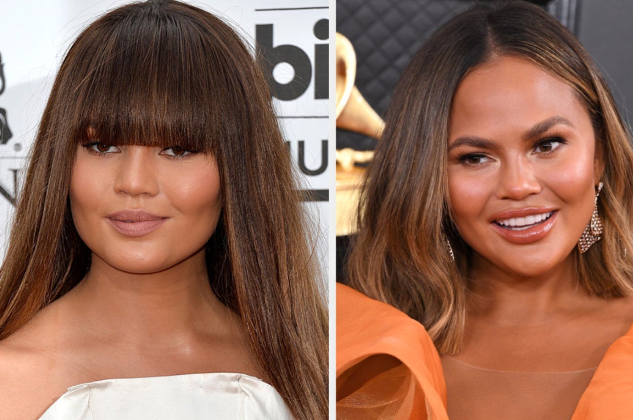 Chrissy Teigen with bangs and Chrissy Teigen without bangs