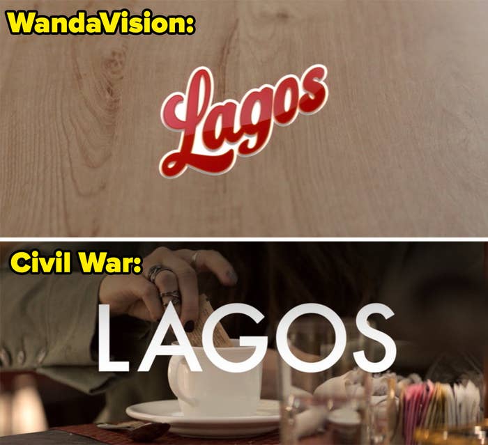 The WandaVision Lagos logo and the Lagos location card with Wanda&#x27;s hand in the background