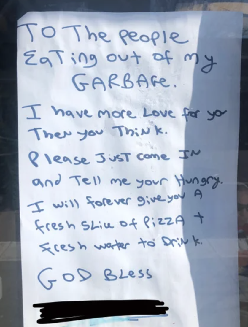 note from a restaurant offering free food
