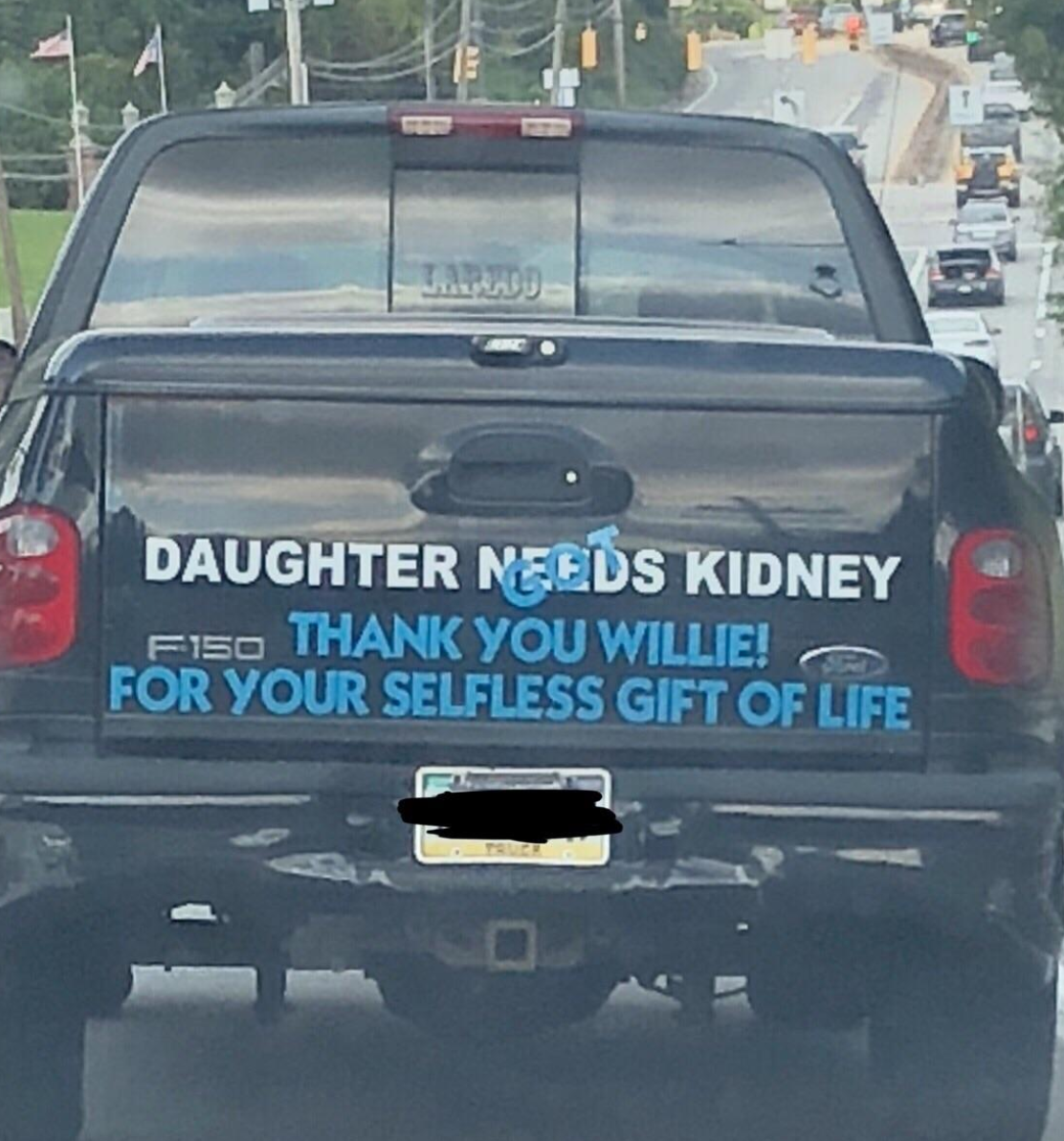 truck announcing the news their daughter found a kidney