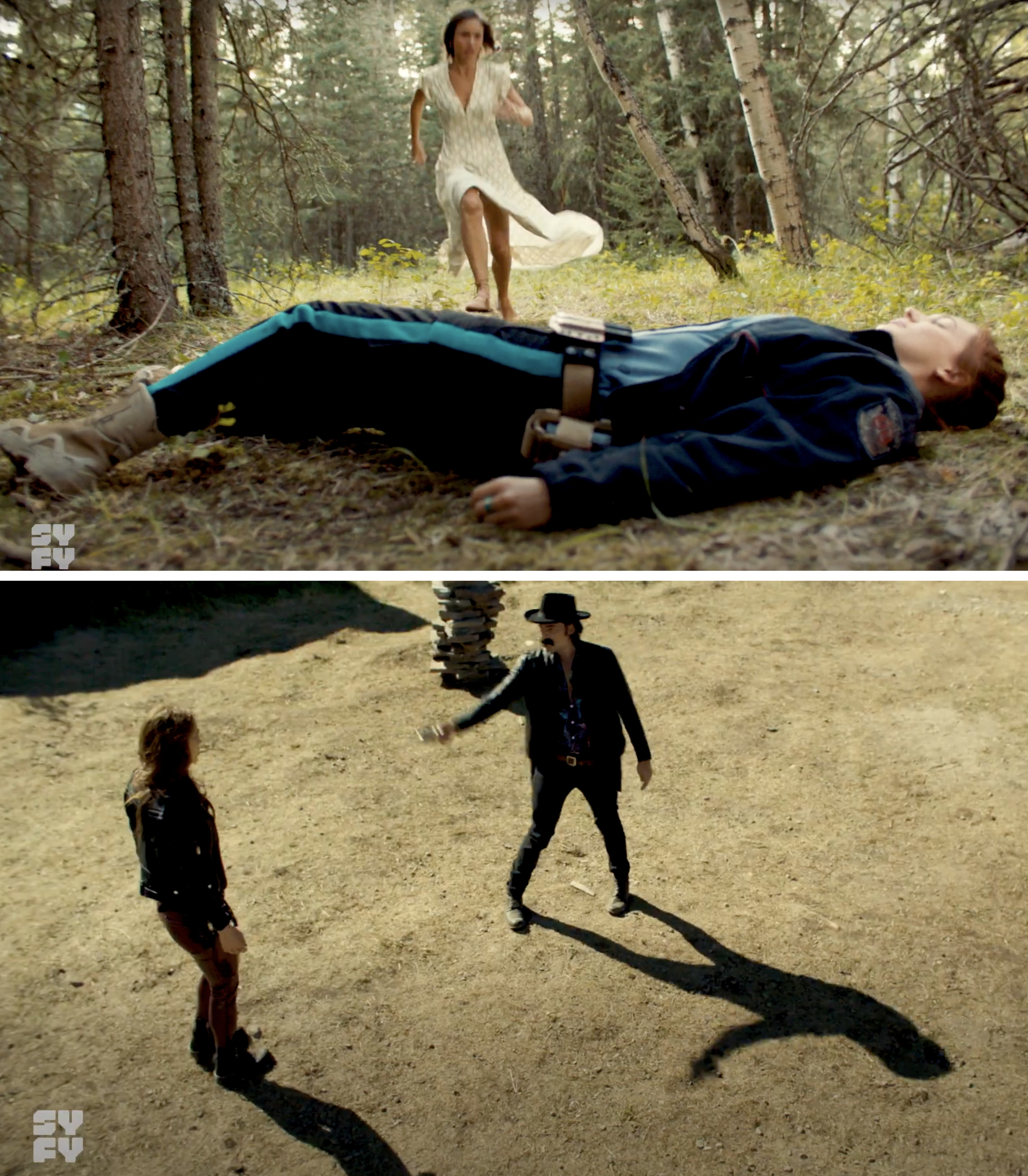 Waverly running to Nicole, who is passed out on the ground. And Doc pointing a gun at Wynonna