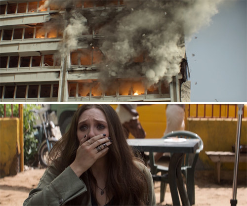 The building on fire and Wanda covering her mouth in shock and horror