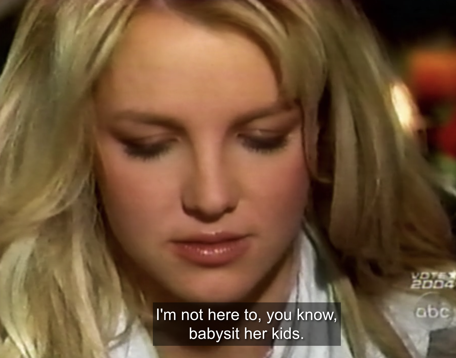 Britney looking towards the floor, saying, &quot;I&#x27;m not here to, you know, babysit her kids&quot;