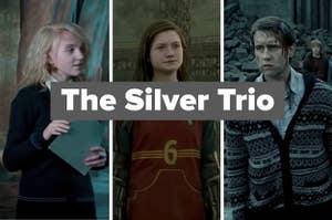 Luna Lovegood, Ginny Weasley, and Neville Longbottom with text, "The Silver Trio"