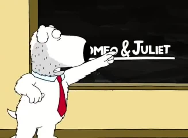 The dog on the show points to an ampersand on a chalk board