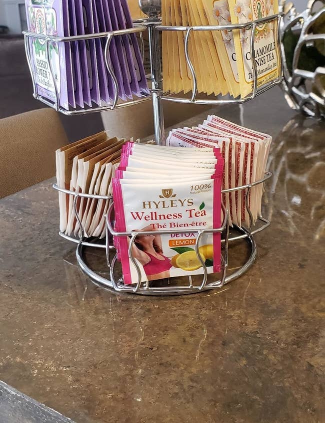 A reviewer's photo of the silver carousel holding various tea packets