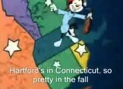 A clip from the scene with the text &quot;Hartford&#x27;s in Connecticut, so pretty in the fall&quot;