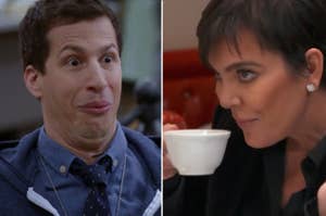 Andy Samberg looking shocked, and Kris Jenner looking shocked