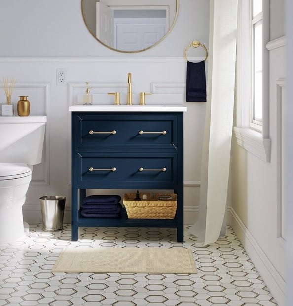 two-drawer navy vanity with white top