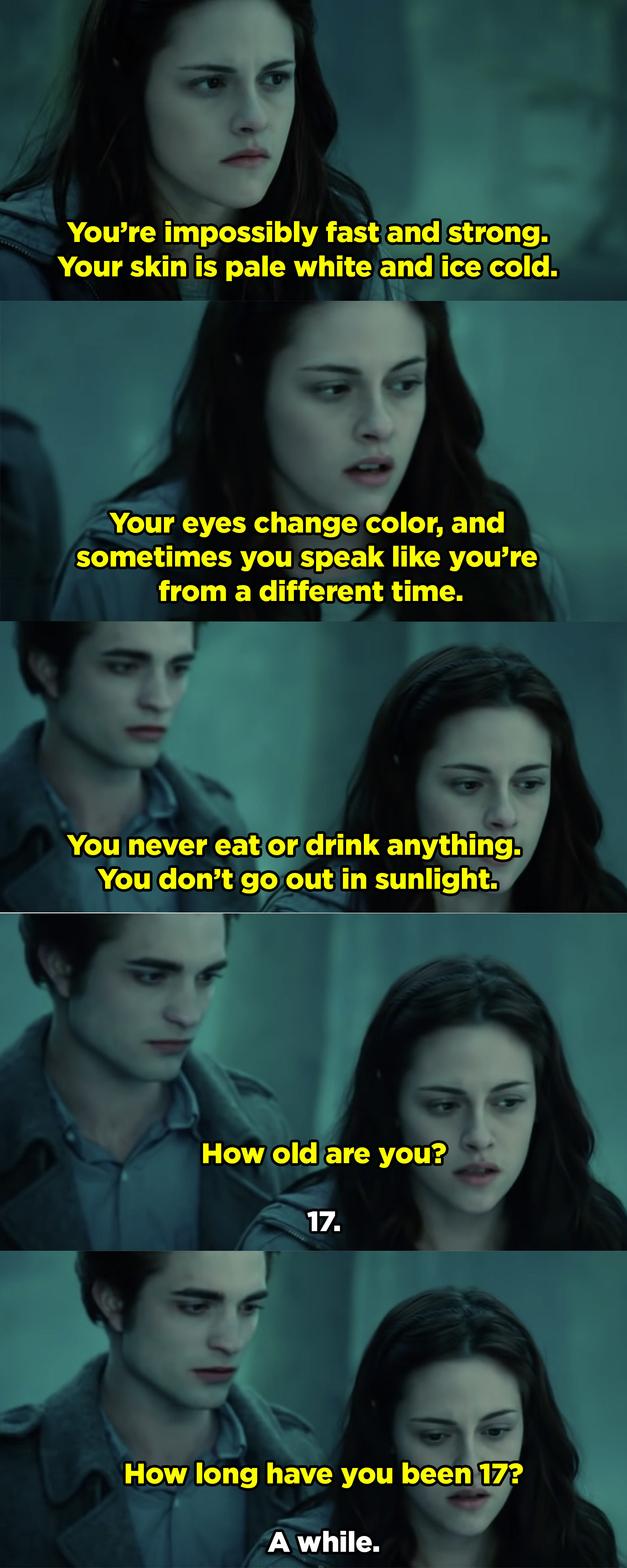 Bella describing how Edward is pale, fast, and never goes out into sunlight — insinuating that he&#x27;s a vampire. 