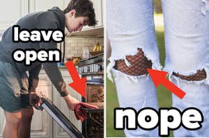 A man opening an oven next to a ripped pair of jeans