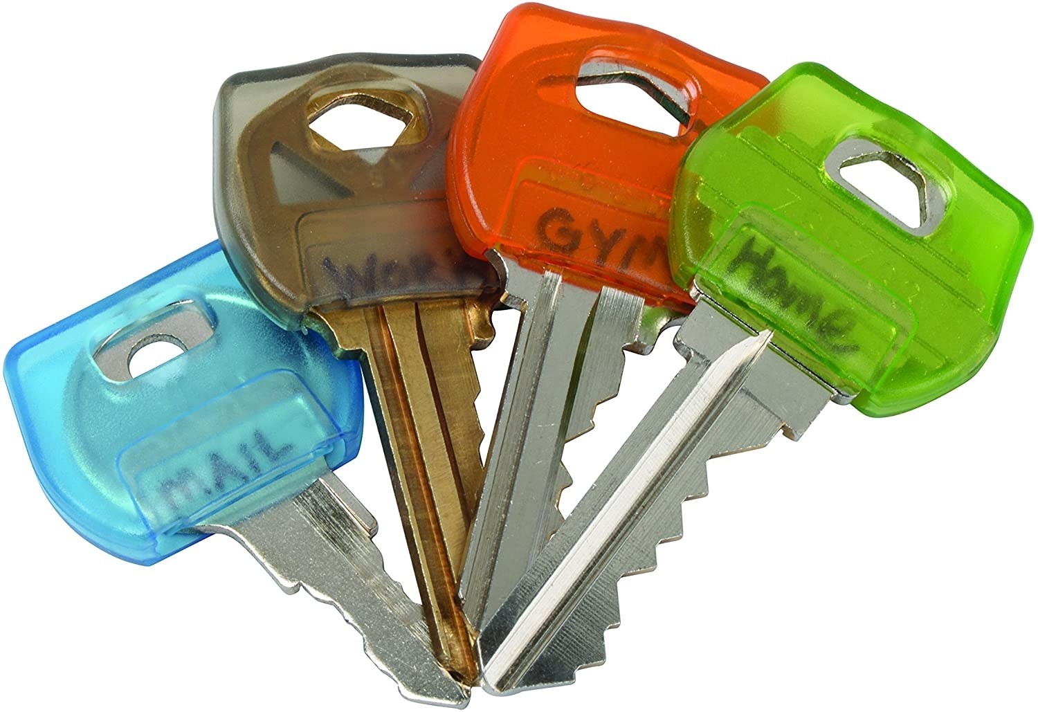 Four keys with plastic covers in different colours