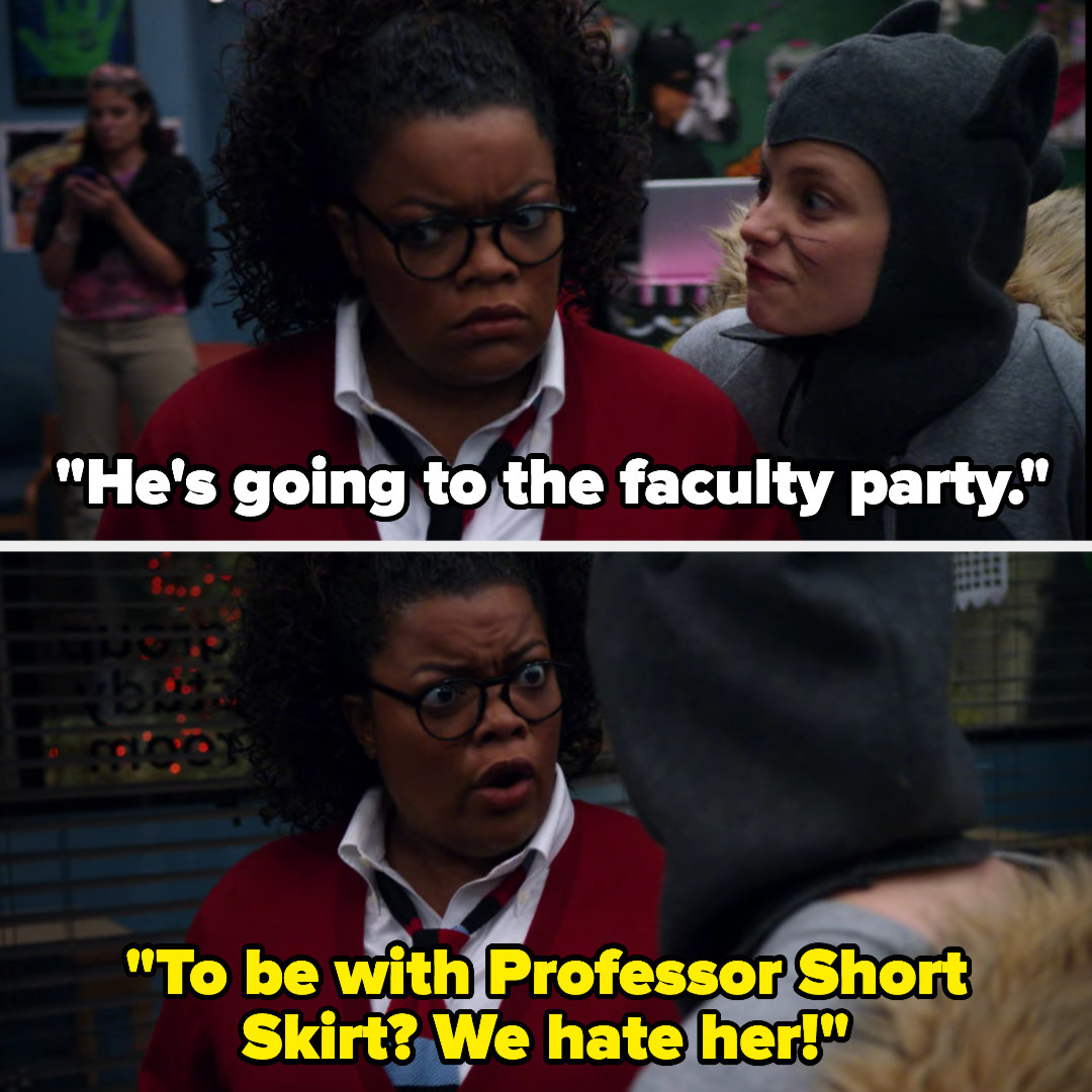 Britta tells Shirley Jeff is going to a faculty party, and Shirley says, &quot;To be with Professor Short Skirt? We hate her!&quot; 