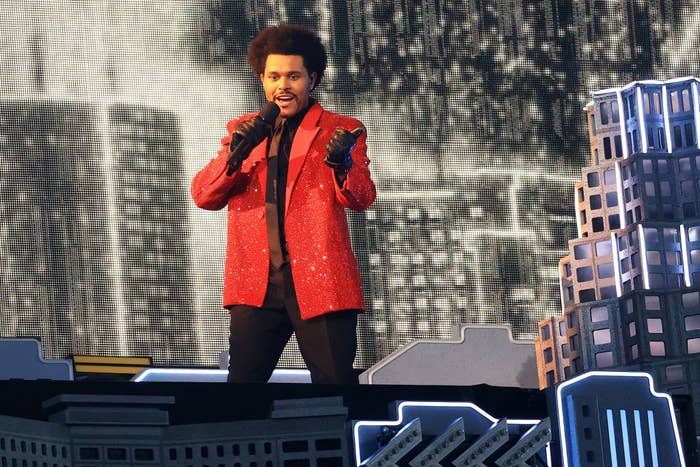 The Weeknd performs during the Pepsi Super Bowl LV Halftime Show at Raymond James Stadium 