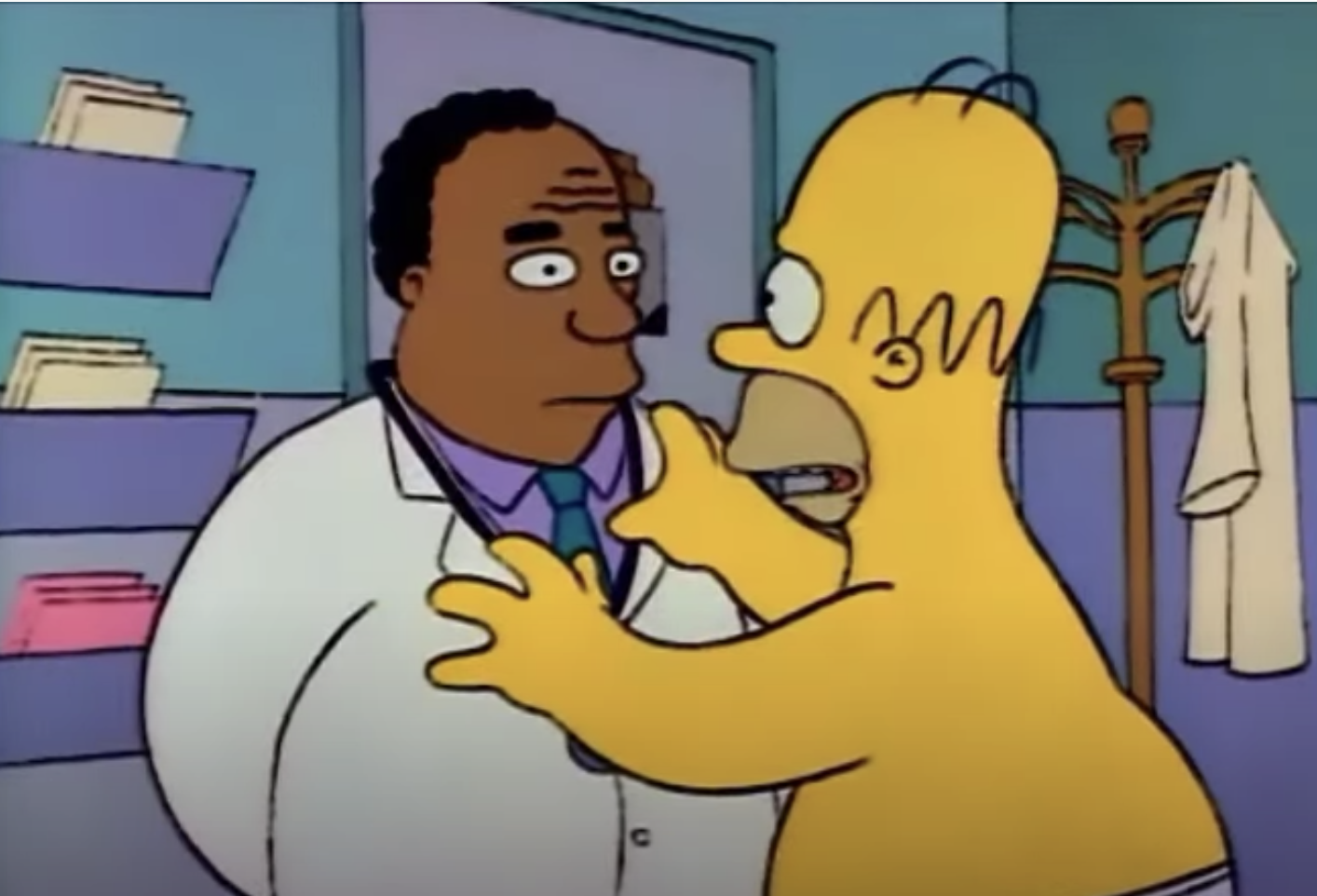 A scared Homer talks to his doctor