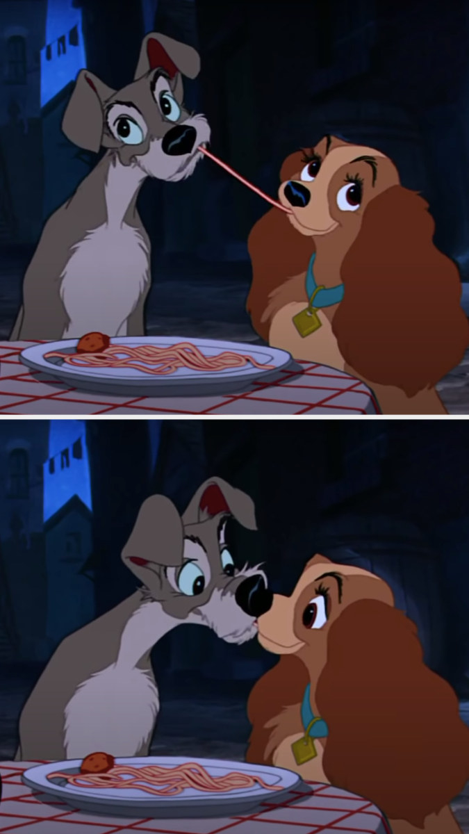 Lady and Tramp share a noodle and kiss