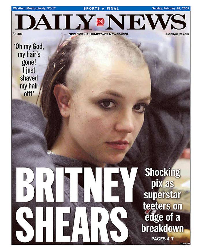 Daily News front page February 18, 2007, Headline: BRITNEY SHEARS, Shocking pix as superstar teeters on edge of a breakdown, 'Oh my God, my hair's gone! I just shaved my hair off!