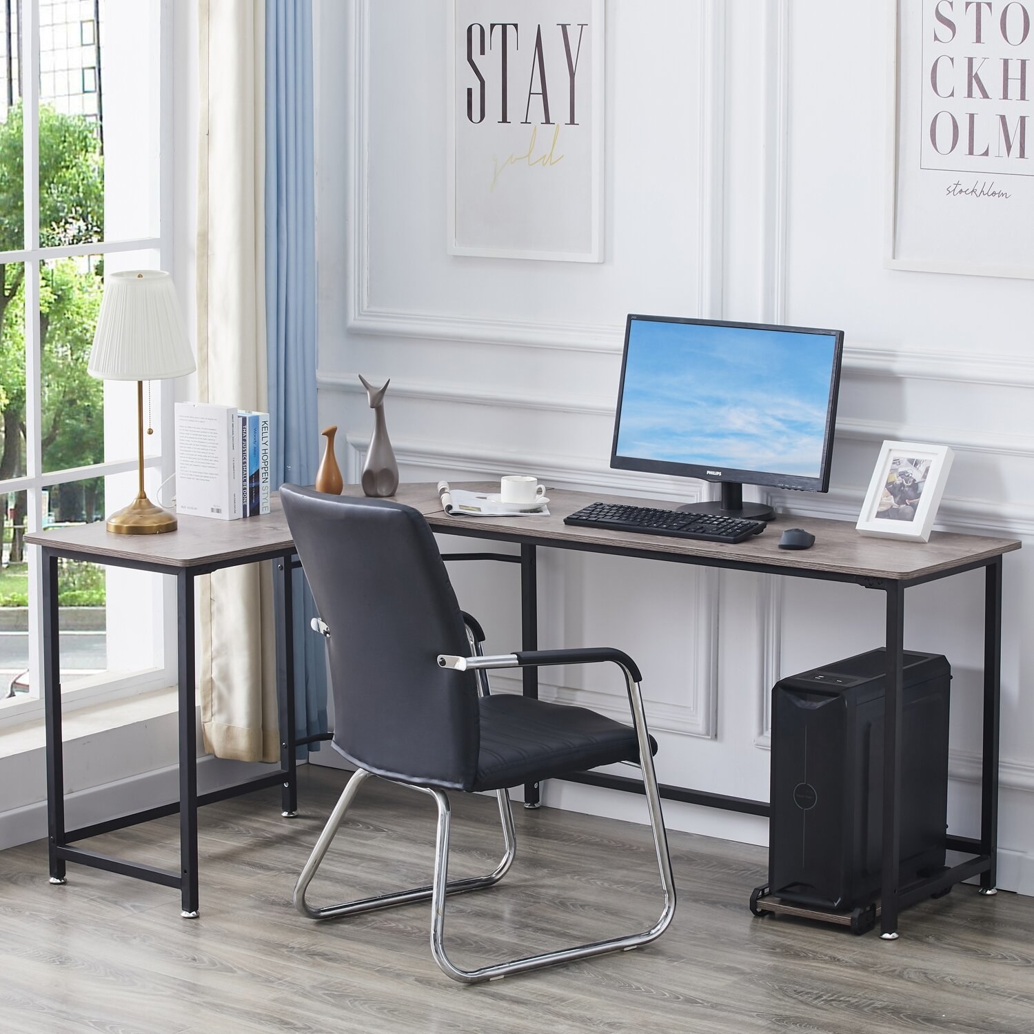 l-shaped desk in the corner of a room