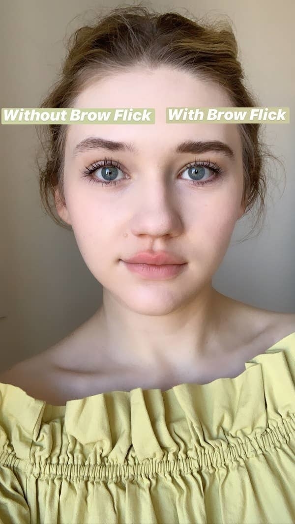 BuzzFeed Editor Maitland Quitmeyer showing one eyebrow without the brow flick and one with the brow flick applied