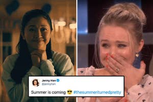 (left) Lana Condor smiles sweetly with her hands clasped under her chin; (right) Kristen Bell holds a hand to her mouth crying happy tears; a tweet by Jenny Han teasing the show is overlad