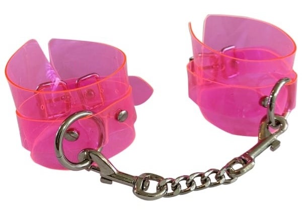 neon pink translucent wrist cuffs with a removable chain connector