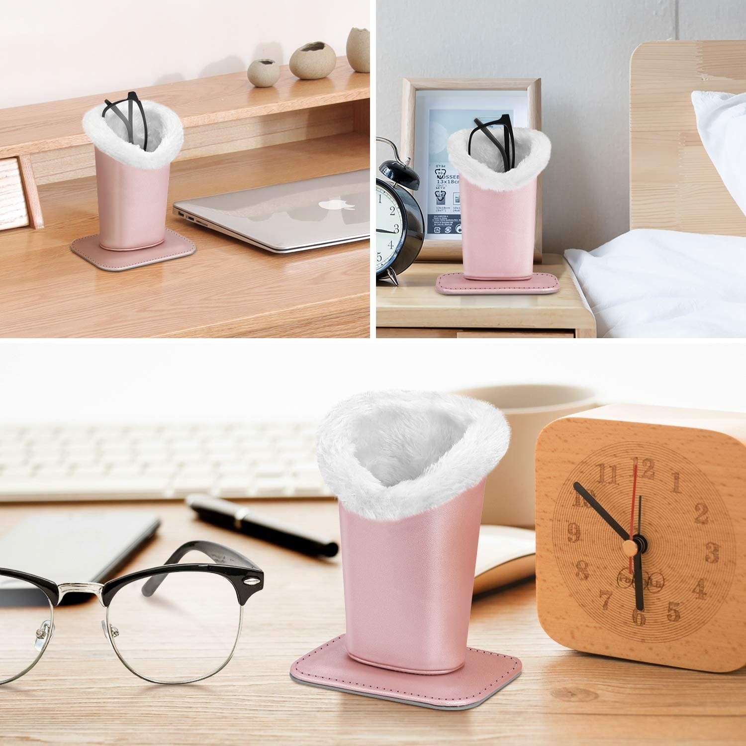 the case on a desk, nightstand, and next to a pair of glasses