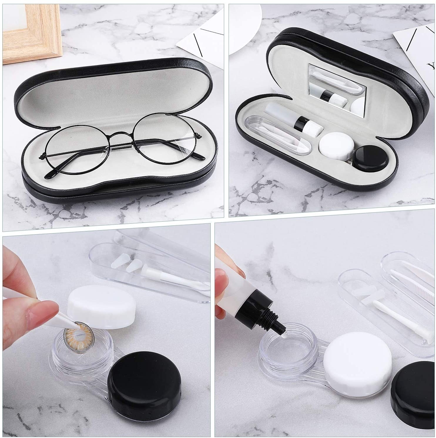 the case showing glasses and then the contact side and the contact accessories