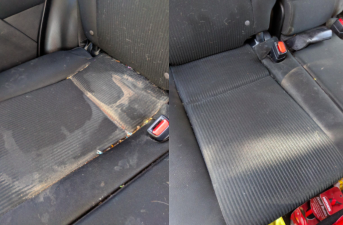 A customer review before and after picture of their car seat