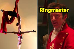 An acrobat is on the left with Hugh Jackman on the right labeled, "Ringmaster"