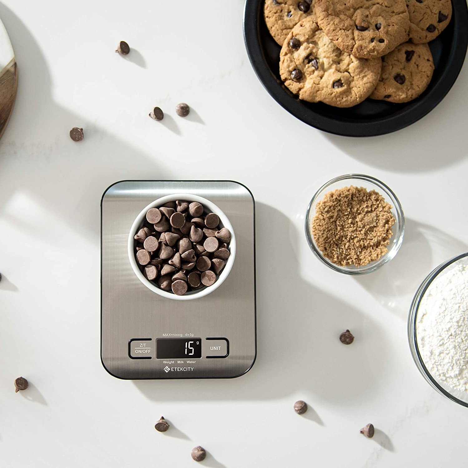 Small sleek scale weighing chocolate chips 