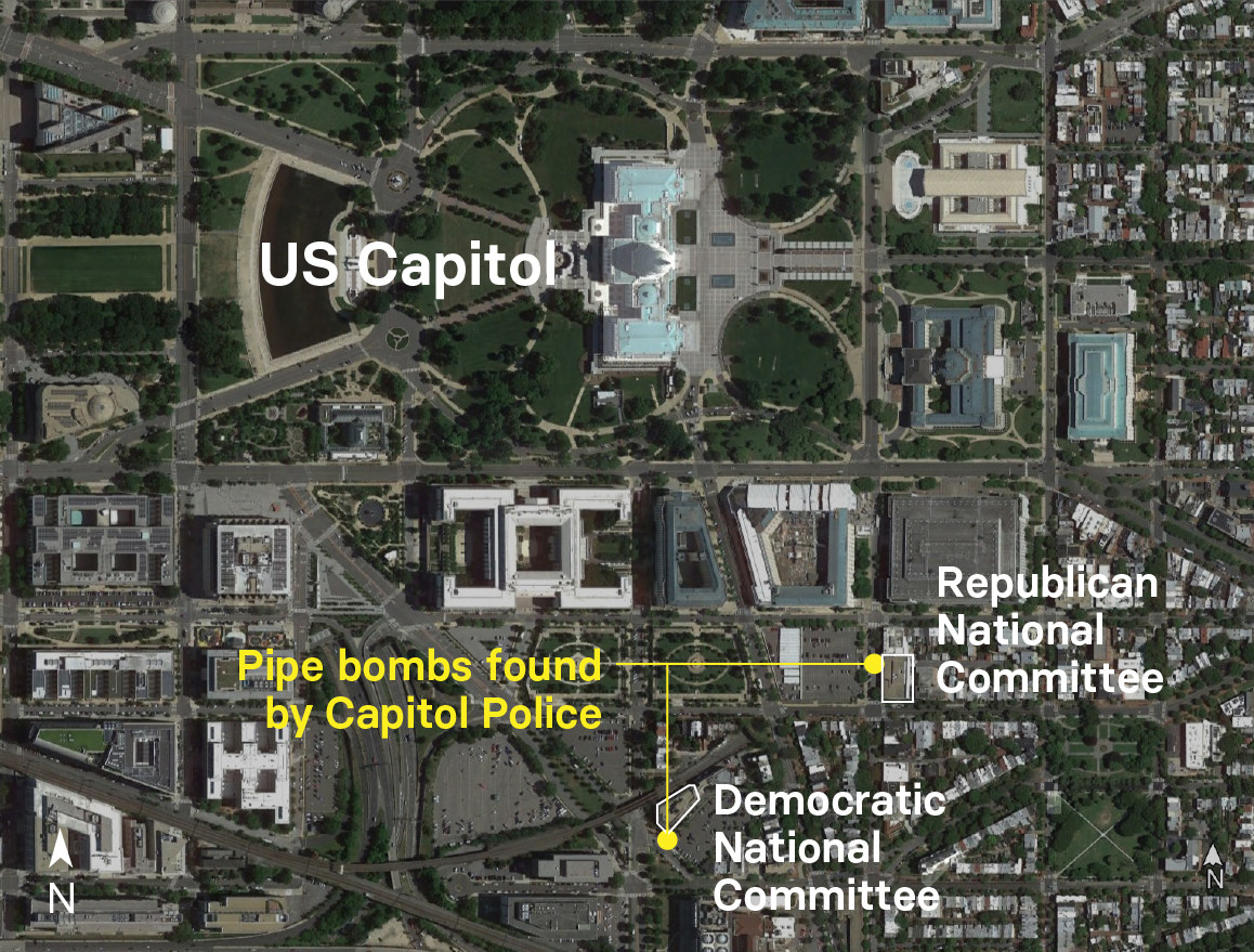 A map of the pipe bomb locations just blocks apart and near the Capitol