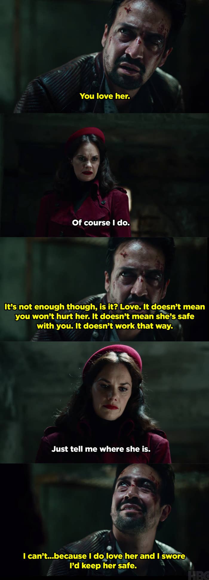 Lee explaining to Mrs. Coulter that love doesn't guarantee safety so he refuses to tell her where Lyra is because he swore to protect her.