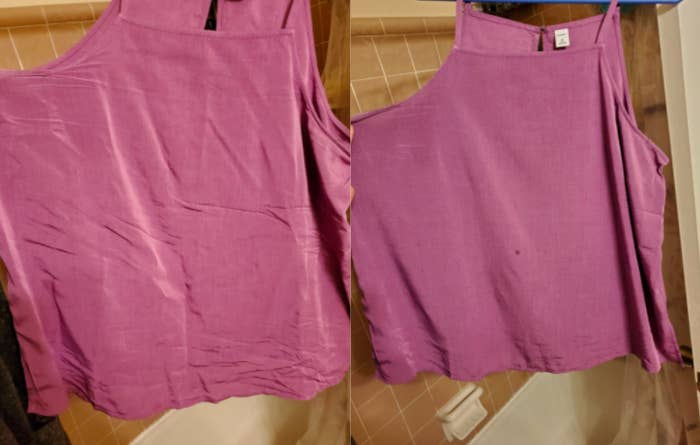 A customer review before and after picture showing the results on their shirt