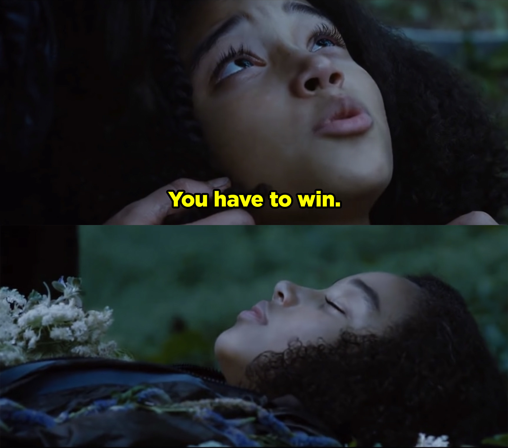 Rue telling Katniss she has to win The Hunger Games before dying. 