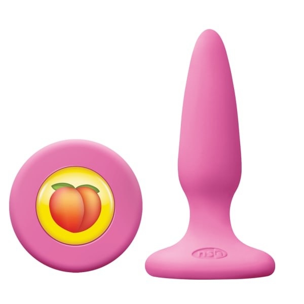 pink anal plug with a flared base that has a picture of a peach emoji on it