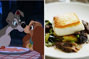 Lady and the Tramp kiss as they eat a spaghetti noodles, and on the right, a filet of fish on a bed of greens