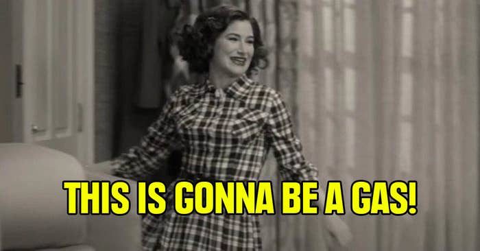 Kathryn Hahn as nosy neighbor in a vintage inspired ensemble
