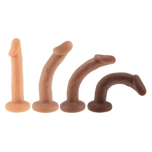 four of the dildos in various skin tone shades with the toys bent over to show how posable they are
