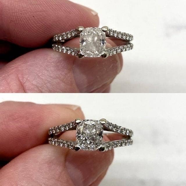 Above, a reviewer holding a cloudy ring. Below, the ring with the jewel sparkly and clear