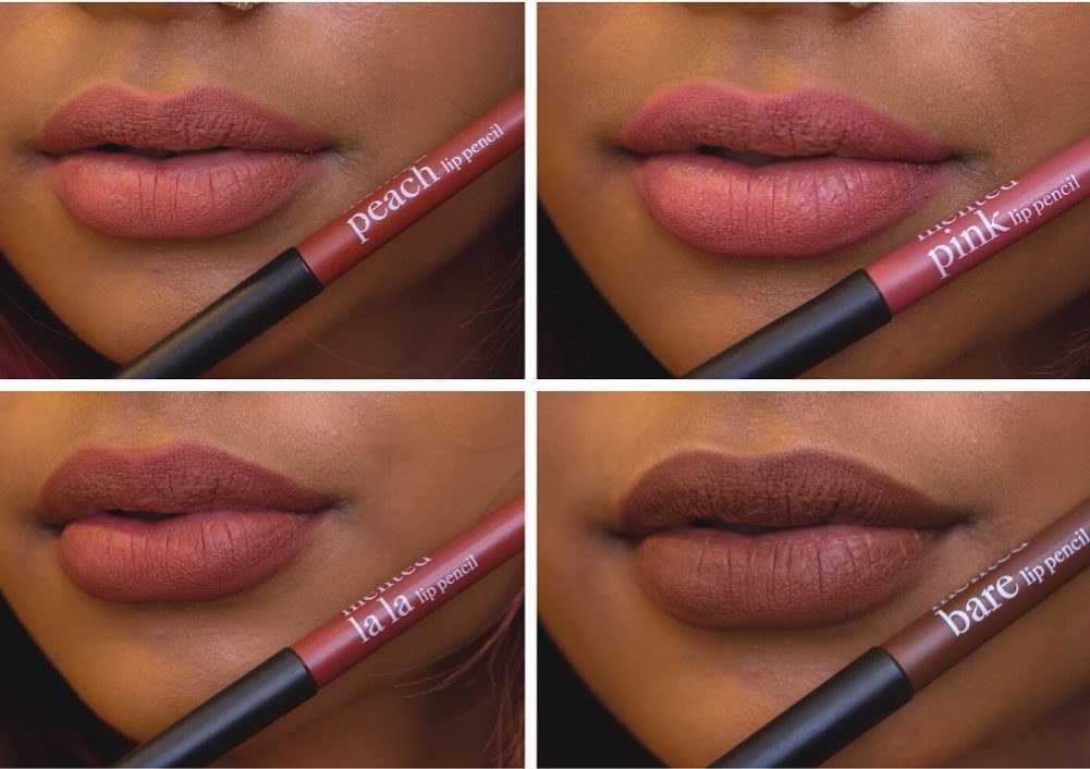 A person wearing the lip liner in four shades