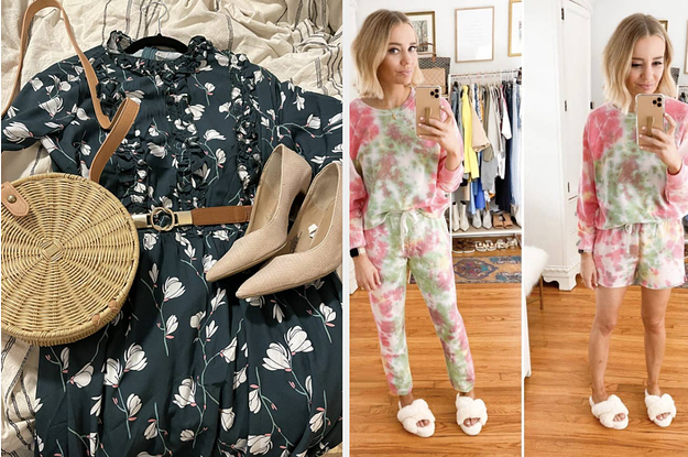 left image: flatlay of floral dress, right image: reviewer wearing tie dye loungewear set