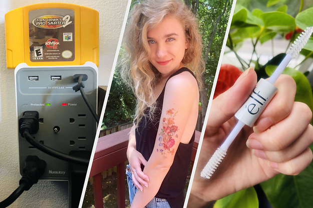 An outlet, a person with a fake tattoo on their arm, and a mascara wand