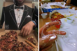 A man has plastic finger protectors as he eats pizza