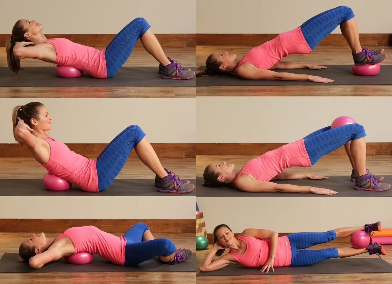 model completes various ab exercises using a pink Pilates ball