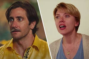 On the left, Jake Gyllenhaal as Mr. Music in "John Mulaney & the Sack Lunch Bunch," and on the right, Scarlett Johansson as Nicole in "Marriage Story"