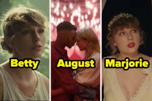 Taylor Swift in three different music videos each labeled "Betty," "August," and "Marjorie"