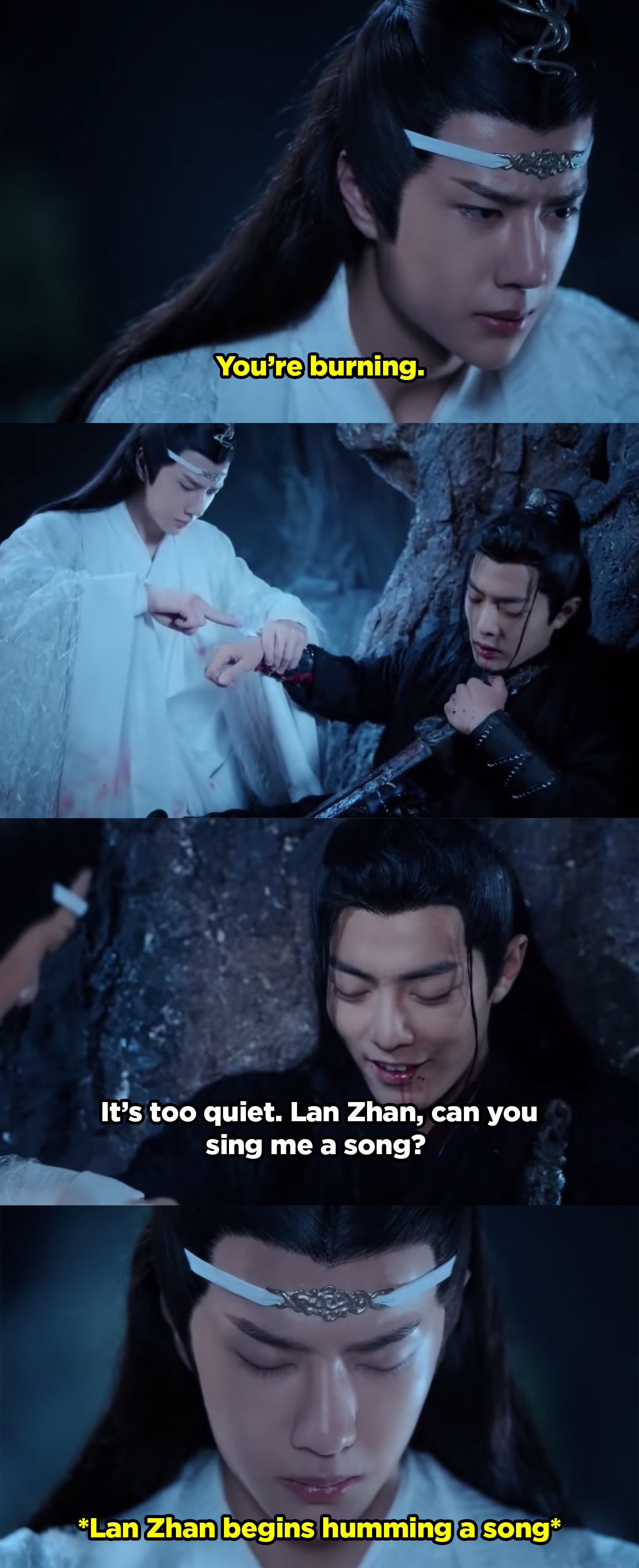 Wei Ying asks Lan to sing him a song as he heals. 