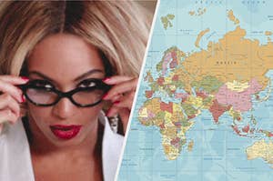 Beyonce on the left and a map of the world on the right
